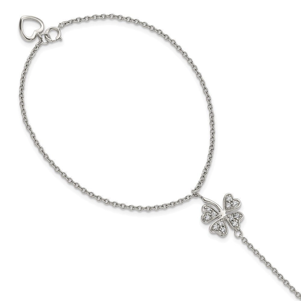 Sterling Silver Polished CZ Four Leaf Clover Shamrock Attached Ring/Bracelet
